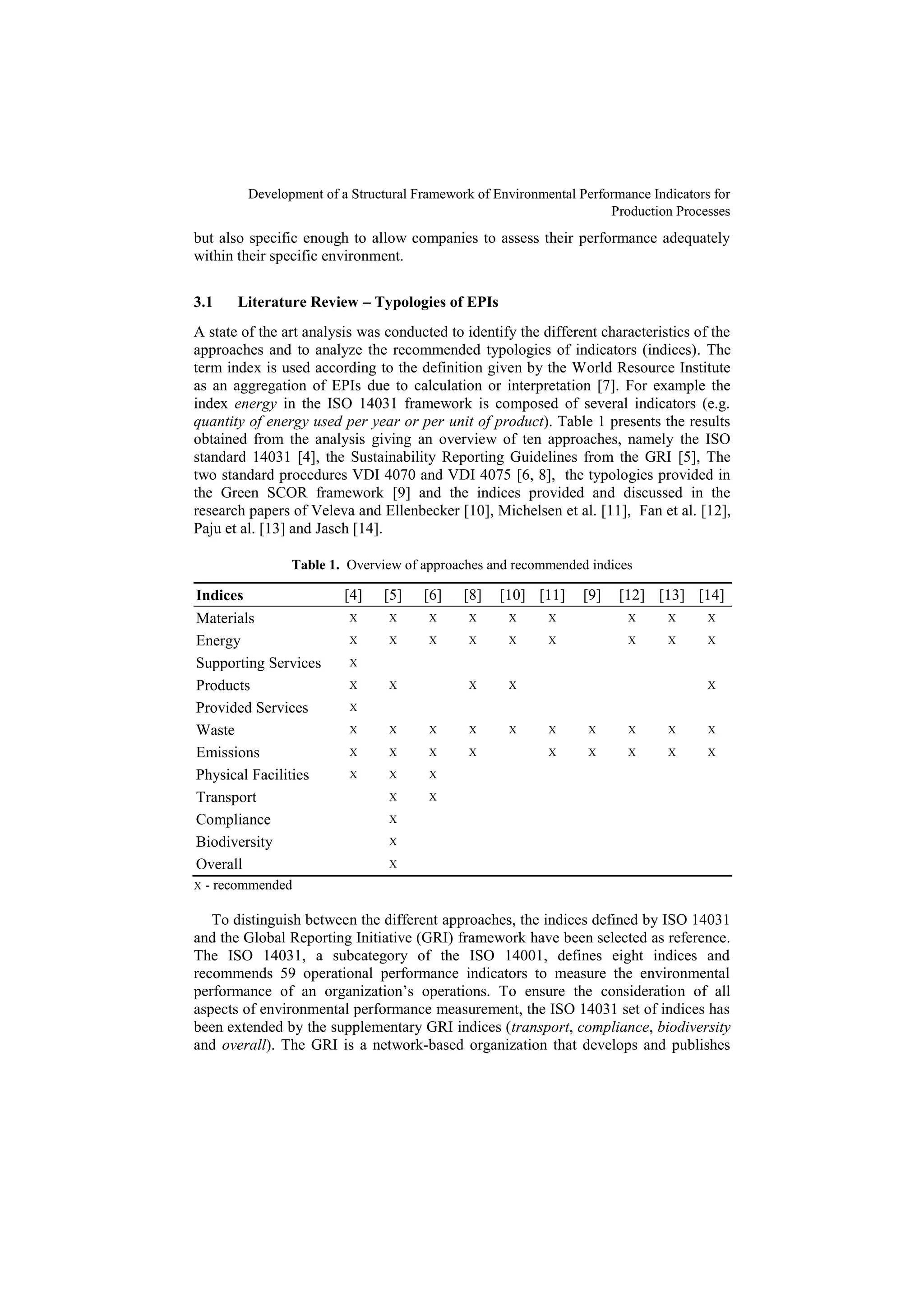 Development of a Structural Framework of Environmental Performance Indicators for
Production Processes
but also specific enough to allow companies to assess their performance adequately
within their specific environment.
3.1 Literature Review – Typologies of EPIs
A state of the art analysis was conducted to identify the different characteristics of the
approaches and to analyze the recommended typologies of indicators (indices). The
term index is used according to the definition given by the World Resource Institute
as an aggregation of EPIs due to calculation or interpretation [7]. For example the
index energy in the ISO 14031 framework is composed of several indicators (e.g.
quantity of energy used per year or per unit of product). Table 1 presents the results
obtained from the analysis giving an overview of ten approaches, namely the ISO
standard 14031 [4], the Sustainability Reporting Guidelines from the GRI [5], The
two standard procedures VDI 4070 and VDI 4075 [6, 8], the typologies provided in
the Green SCOR framework [9] and the indices provided and discussed in the
research papers of Veleva and Ellenbecker [10], Michelsen et al. [11], Fan et al. [12],
Paju et al. [13] and Jasch [14].
Table 1. Overview of approaches and recommended indices
Indices [4] [5] [6] [8] [10] [11] [9] [12] [13] [14]
Materials X X X X X X X X X
Energy X X X X X X X X X
Supporting Services X
Products X X X X X
Provided Services X
Waste X X X X X X X X X X
Emissions X X X X X X X X X
Physical Facilities X X X
Transport X X
Compliance X
Biodiversity X
Overall X
X - recommended
To distinguish between the different approaches, the indices defined by ISO 14031
and the Global Reporting Initiative (GRI) framework have been selected as reference.
The ISO 14031, a subcategory of the ISO 14001, defines eight indices and
recommends 59 operational performance indicators to measure the environmental
performance of an organization’s operations. To ensure the consideration of all
aspects of environmental performance measurement, the ISO 14031 set of indices has
been extended by the supplementary GRI indices (transport, compliance, biodiversity
and overall). The GRI is a network-based organization that develops and publishes
 