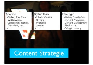 Content Strategie
Analyse
-Stakeholder & wir
-Wettbewerber
-Landschaft: Technik,
Gestaltung etc.
-...
Status Quo
-Inhalte: Qualität,
Umfang
-Prozesse
-Akteure
-...
Strategie
-Ziele & Botschaften
-Content Produktion
-Content Management
-Plattformen
-Erfolgsmessung
 