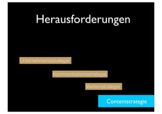 Herausforderungen
Unternehmensstrategie
Contentstrategie
Kommunikationsstrategie
Markenstrategie
 