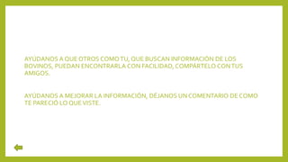 AYÚDANOS A QUE OTROS COMOTU, QUE BUSCAN INFORMACIÓN DE LOS
BOVINOS, PUEDAN ENCONTRARLA CON FACILIDAD, COMPÁRTELO CONTUS
AMIGOS.
AYÚDANOS A MEJORAR LA INFORMACIÓN, DÉJANOS UN COMENTARIO DE COMO
TE PARECIÓ LO QUEVISTE.