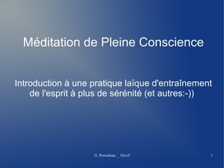 G. Perocheau _ Ouvif 1
Méditation de Pleine Conscience
Introduction à une pratique laïque d'entraînement
de l'esprit à plus de sérénité (et autres:-))
 