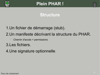 12
Plein PHAR !
1.Un fichier de démarrage (stub).
2.Un manifeste décrivant la structure du PHAR.
• Chemin d'accès + permissions
3.Les fichiers.
4.Une signature optionnelle.
Structure
Feux de croisementFeux de croisement
 