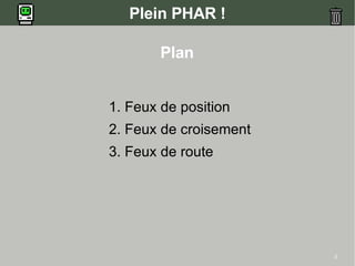 3
Plein PHAR !
Plan
1. Feux de position
2. Feux de croisement
3. Feux de route
 