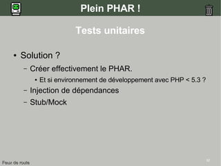 32
Plein PHAR !
● Solution ?
– Créer effectivement le PHAR.
● Et si environnement de développement avec PHP < 5.3 ?
– Injection de dépendances
– Stub/Mock
Tests unitaires
Feux de routeFeux de route
 