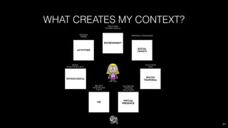 WHAT CREATES MY CONTEXT?
ENVIRONMENT
WEATHER
SOUND LEVELS
SOCIAL
(WHO?)
FRIENDS/ STRANGERS
ACTIVITIES
AGENDA
VERBS
PHYSIOLOGICAL
BODY
QUANTIFIED SELF
ME
BELIEFS
INTENTIONS
TASTE
VIRTUAL
PRESENCE
FACEBOOK
TWITTER
WHATSAPP
SPATIO
TEMPORAL
LOCATION
TIME
30
 