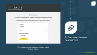 Амир Басыров www.amirbasyrov.ru
11
7. Дополнительная
разработка
Интеграция оплаты заказа онлайн через
Яндекс Кассу.
 