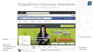 14
https://www.facebook.com/plektra.pro/
Разработка страницы компании
Suitable for all categories business and
personal presentation, eaque ipsa quae ab
illo inventore veritatis et quasi architecto
Program Coding
Suitable for all categories business and
personal presentation, eaque ipsa quae ab
illo inventore veritatis et quasi architecto
Marketing Product
https://www.facebook.com/plektra.pro/
Аватар
Cover-картинка
Ключевое
действие
Получили
60 подписчиков
за тестовый
запуск
 