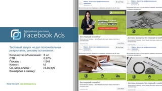 Амир Басыров www.amirbasyrov.ru
15
Медийная реклама
Facebook Ads
Тестовый запуск не дал положительных
результатов, рекламу остановили.
Количество объявлений : 8 шт.
CTR : 0.97%
Показы : 1 548
Клики : 15
Ср. цена клика : 73,35 руб
Конверсия в заявку: -
 