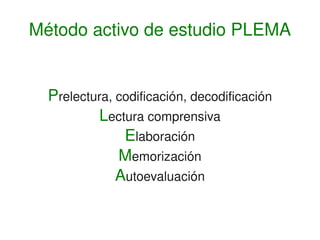    
Prelectura, codificación, decodificación
Lectura comprensiva
Elaboración
Memorización
Autoevaluación
Método activo de estudio PLEMA
 