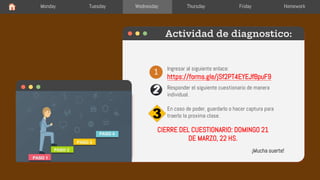 Actividad de diagnostico:
Ingresar al siguiente enlace:
https://forms.gle/jSf2PT4EYEJfBpuF9
Responder el siguiente cuestionario de manera
individual.
En caso de poder, guardarlo o hacer captura para
traerlo la proxima clase.
¡Mucha suerte!
Monday Tuesday Wednesday Thursday Friday Homework
CIERRE DEL CUESTIONARIO: DOMINGO 21
DE MARZO, 22 HS.
 