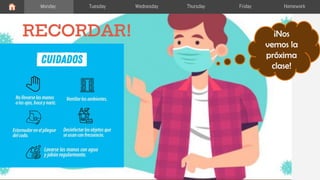 RECORDAR!
Monday Tuesday Wednesday Thursday Friday Homework
¡Nos
vemos la
próxima
clase!
 