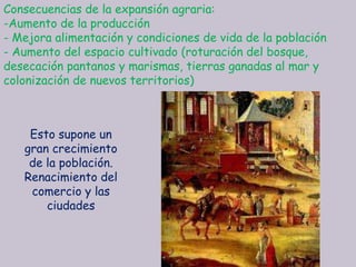 Consecuencias de la expansión agraria:
-Aumento de la producción
- Mejora alimentación y condiciones de vida de la población
- Aumento del espacio cultivado (roturación del bosque,
desecación pantanos y marismas, tierras ganadas al mar y
colonización de nuevos territorios)



    Esto supone un
   gran crecimiento
    de la población.
   Renacimiento del
    comercio y las
       ciudades
 