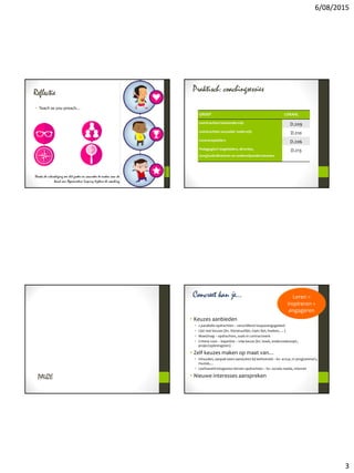 6/08/2015
3
Reflectie
• Teach as you preach…
Straks de uitnodiging om dit groter en concreter te maken aan de
hand van Appreciative Inquiry tijdens de coaching
Praktisch: coachingsessies
GROEP LOKAAL
Leerkrachten basisonderwijs D.209
Leerkrachten secundair onderwijs D.210
Lerarenopleiders D.206
Pedagogisch begeleiders, directies,
(zorg)coördinatoren en onderwijsondersteuners
D.213
PAUZE
Concreet kan je…
• Keuzes aanbieden
• 2 parallelle opdrachten – verschillend toepassingsgebied
• Lijst met keuzes (bv. literatuurlijst, topic-lijst, hoeken, …)
• Moet/mag – opdrachten, zoals in contractwerk
• Criteria voor – beperkte – vrije keuze (bv. boek, onderzoekstopic,
projectopbrengsten)
• Zelf keuzes maken op maat van…
• Inhouden, aanpak laten aansluiten bij leefwereld – bv. actua, tv-programma’s,
muziek,…
• Leefwereld integreren binnen opdrachten – bv. sociale media, internet
• Nieuwe interesses aanspreken
Leren =
inspireren =
engageren
 
