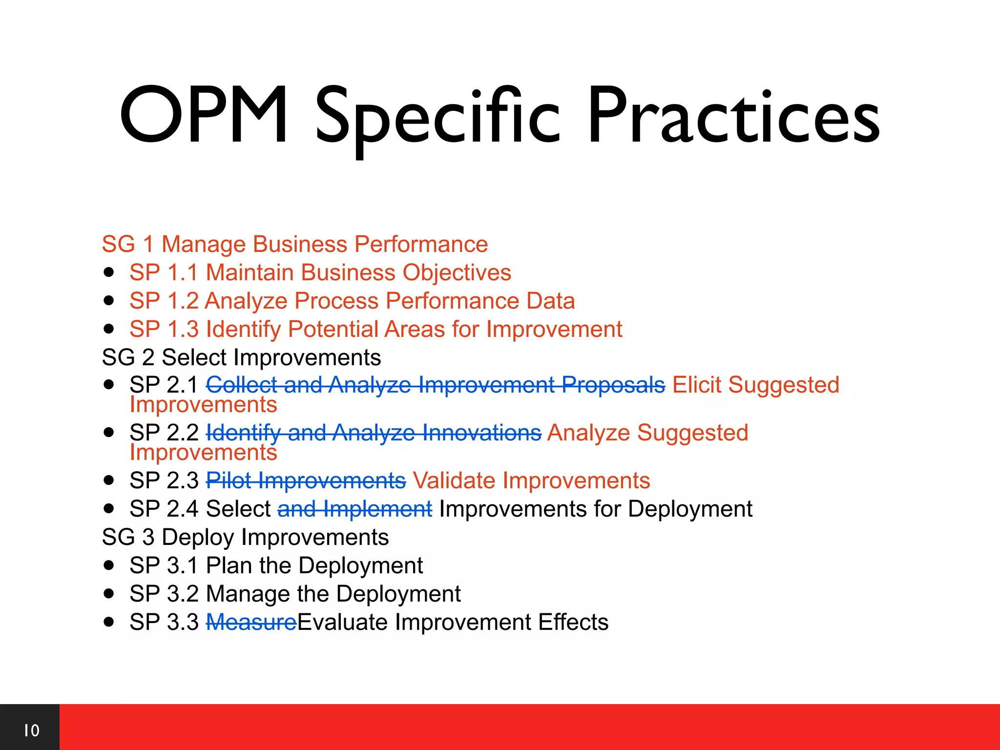 OPM Speciﬁc Practices
     SG 1 Manage Business Performance
     • SP 1.1 Maintain Business Objectives
     • SP 1.2 Analyze Process Performance Data
     • SP 1.3 Identify Potential Areas for Improvement
     SG 2 Select Improvements
     • SP 2.1 Collect and Analyze Improvement Proposals Elicit Suggested
       Improvements
     • SP 2.2 Identify and Analyze Innovations Analyze Suggested
       Improvements
     • SP 2.3 Pilot Improvements Validate Improvements
     • SP 2.4 Select and Implement Improvements for Deployment
     SG 3 Deploy Improvements
     • SP 3.1 Plan the Deployment
     • SP 3.2 Manage the Deployment
     • SP 3.3 MeasureEvaluate Improvement Effects



10
 