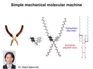 Simple mechanical molecular machine
Hydrophobic
alkyl chain
Hydrophilic
polyether chain
OO
O
O
O
O
O
O
Dr. Waka Nakanishi
 
