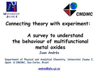 Connecting theory with experiment:
A survey to understand
the behaviour of multifunctional
metal oxides
Juan Andrés

Department of Physical and Analytical Chemistry, Universitat Jaume I,
Spain & CMDMC, Sao Carlos, Brazil
andres@qfa.uji.es

 