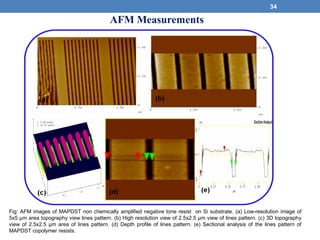 34
AFM Measurements
Fig: AFM images of MAPDST non chemically amplified negative tone resist on Si substrate. (a) Low-resolution image of
5x5 µm area topography view lines pattern. (b) High resolution view of 2.5x2.5 µm view of lines pattern. (c) 3D topography
view of 2.5x2.5 µm area of lines pattern. (d) Depth profile of lines pattern. (e) Sectional analysis of the lines pattern of
MAPDST copolymer resists.
 