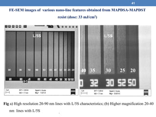 41
Fig a) High resolution 20-90 nm lines with L/5S characteristics; (b) Higher magnification 20-40
nm lines with L/5S
(a)
(b)
40 35 30 25 20
L/5S
90 80 70 60 50 45 40 32 30 25 20
L/5S
FE-SEM images of various nano-line features obtained from MAPDSA-MAPDST
resist (dose: 33 mJ/cm2)
.
 