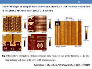 42
HR-AFM images of complex nano-features and 20 nm L/5S-L/2S features obtained from
the MAPDSA-MAPDST resist (Dose: 24.5 mJ/cm2)
Gonsalves et al., Indian Patent application, 2016-11022219
(e)
Fig a) line-elbow connection; (b) nano-dots; (c) nano-rings; (d) star-elbow features; (e) 20 nm
line features with lines with L/5S-L/2S characteristics.
 