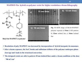 47
Butyl tin-MAPDST co-polymer
 Resolution of poly-MAPDST was increased by incorporation of hybrid inorganic tin monomer.
After e-beam exposure, the Sn-C bonds and sulfonium trilfates of the polymer undergoes photo
cleavage and leads to the structural conversion.
 The designed resists are able to pattern 10 nm isolated lines under e-beam conditions at the dose
700 uC/cm2
MAPDST-Tin hybrid co-polymer resist for higher resolution e-beam lithography
a)
b)
c) Fig. FE-SEM image of Bu-Sn-MAPDST
polymer exposed a) 15nm L/10S patterns
b) 12nm isolated line c) 16nm Isolated
line
15 nm lines 12 nm lines
16 nm lines
 