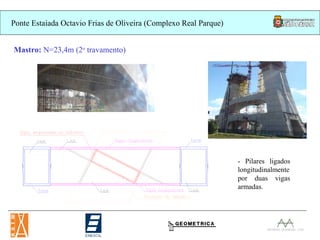 Ponte Estaiada Octavio Frias de Oliveira (Complexo Real Parque)


Mastro: N=23,4m (2o travamento)




                                                                  - Pilares ligados
                                                                  longitudinalmente
                                                                  por duas vigas
                                                                  armadas.
 