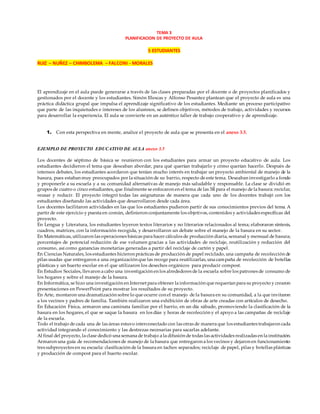 TEMA 3
PLANIFICACION DE PROYECTO DE AULA
5 ESTUDIANTES
RUIZ – NUÑEZ – CHIMBOLEMA – FALCONI - MORALES
El aprendizaje en el aula puede generarse a través de las clases preparadas por el docente o de proyectos planificados y
gestionados por el docente y los estudiantes. Simón Illescas y Alfonso Pesantez plantean que el proyecto de aula es una
práctica didáctica grupal que impulsa el aprendizaje significativo de los estudiantes. Mediante un proceso participativo
que parte de las inquietudes e intereses de los alumnos, se definen objetivos, métodos de trabajo, actividades y recursos
para desarrollar la experiencia. El aula se convierte en un auténtico taller de trabajo cooperativo y de aprendizaje.
1. Con esta perspectiva en mente, analice el proyecto de aula que se presenta en el anexo 3.5.
EJEMPLO DE PROYECTO EDUCATIVO DE AULA anexo 3.5
Los docentes de séptimo de básica se reunieron con los estudiantes para armar un proyecto educativo de aula. Los
estudiantes decidieron el tema que deseaban abordar, para qué querían trabajarlo y cómo querían hacerlo. Después de
intensos debates, los estudiantes acordaron que tenían mucho interés en trabajar un proyecto ambiental de manejo de la
basura, pues estaban muy preocupados por la situación de su barrio, respecto de este tema. Deseaban investigarlo a fondo
y proponerle a su escuela y a su comunidad alternativas de manejo más saludable y responsable. La clase se dividió en
grupos de cuatro o cinco estudiantes, que finalmente se enfocaron en el tema de las 3R para el manejo de la basura: reciclar,
reusar y reducir. El proyecto integró todas las asignaturas de manera que cada uno de los docentes trabajó con los
estudiantes diseñando las actividades que desarrollaron desde cada área.
Los docentes facilitaron actividades en las que los estudiantes pudieron partir de sus conocimientos previos del tema. A
partir de este ejercicio y puesta en común, definieron conjuntamente los objetivos, contenidos y actividades específicas del
proyecto.
En Lengua y Literatura, los estudiantes leyeron textos literarios y no literarios relacionados al tema; elaboraron síntesis,
cuadros, matrices, con la información recogida, y desarrollaron un debate sobre el manejo de la basura en su sector.
En Matemáticas, utilizaron las operaciones básicas para hacer cálculos de producción diaria, semanal y mensual de basura;
porcentajes de potencial reducción de ese volumen gracias a las actividades de reciclaje, reutilización y reducción del
consumo, así como ganancias monetarias generadas a partir del reciclaje de cartón y papel.
En Ciencias Naturales, los estudiantes hicieron prácticas de producción de papel reciclado, una campaña de recolección de
pilas usadas que entregaron a una organización que las recoge para reutilizarlas, una campaña de recolección de botellas
plásticas y un huerto escolar en el que utilizaron los desechos orgánicos para producir compost.
En Estudios Sociales, llevaron a cabo una investigación en los alrededores de la escuela sobre los patrones de consumo de
los hogares y sobre el manejo de la basura.
En Informática, se hizo una investigación en Internet para obtener la información que requerían para suproyecto y crearon
presentaciones en PowerPoint para mostrar los resultados de su proyecto.
En Arte, montaron una dramatización sobre lo que ocurre con el manejo de la basura en su comunidad, a la que invitaron
a los vecinos y padres de familia. También realizaron una exhibición de obras de arte creadas con artículos de desecho.
En Educación Física, armaron una caminata familiar por el barrio, en un día sábado, promoviendo la clasificación de la
basura en los hogares, el que se saque la basura en los días y horas de recolección y el apoyo a las campañas de reciclaje
de la escuela.
Todo el trabajo de cada una de las áreas estuvo interconectado con las otras de manera que los estudiantes trabajaron cada
actividad integrando el conocimiento y las destrezas necesarias para sacarlas adelante.
Al final del proyecto, la clase dedicó una semana de trabajo a la difusión de todas las actividades realizadas en la institución.
Armaron una guía de recomendaciones de manejo de la basura que entregaron a los vecinos y dejaron en funcionamiento
tres subproyectos en su escuela: clasificación de la basura en tachos separados; reciclaje de papel, pilas y botellas plásticas
y producción de compost para el huerto escolar.
 