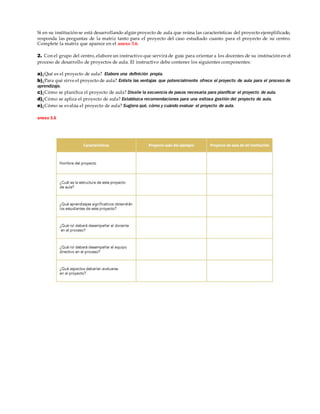 Si en su institución se está desarrollando algún proyecto de aula que reúna las características del proyecto ejemplificado,
responda las preguntas de la matriz tanto para el proyecto del caso estudiado cuanto para el proyecto de su centro.
Complete la matriz que aparece en el anexo 3.6.
2. Con el grupo del centro, elabore un instructivo que servirá de guía para orientar a los docentes de su institución en el
proceso de desarrollo de proyectos de aula. El instructivo debe contener los siguientes componentes:
a)¿Qué es el proyecto de aula? Elabore una deﬁnición propia.
b)¿Para qué sirve el proyecto de aula? Enliste las ventajas que potencialmente ofrece el proyecto de aula para el proceso de
aprendizaje.
c)¿Cómo se planifica el proyecto de aula? Diseñe la secuencia de pasos necesaria para planiﬁcar el proyecto de aula.
d)¿Cómo se aplica el proyecto de aula? Establezca recomendaciones para una exitosa gestión del proyecto de aula.
e)¿Cómo se evalúa el proyecto de aula? Sugiera qué, cómo y cuándo evaluar el proyecto de aula.
anexo 3.6
 