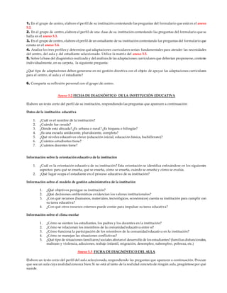 1. En el grupo de centro, elabore el perfil de su institución contestando las preguntas del formulario que está en el anexo
5.2.
2. En el grupo de centro, elabore el perfil de una clase de su institución contestando las preguntas del formulario que se
halla en el anexo 5.3.
3. En el grupo de centro, elabore el perfil de un estudiante de su institución contestando las preguntas del formulario que
consta en el anexo 5.4.
4. Analice los tres perfiles y determine qué adaptaciones curriculares serían fundamentales para atender las necesidades
del centro, del aula y del estudiante seleccionado. Utilice la matriz del anexo 5.5.
5. Sobre la base del diagnóstico realizado y del análisis de las adaptaciones curriculares que deberían proponerse, conteste
individualmente, en su carpeta, la siguiente pregunta:
¿Qué tipo de adaptaciones deben generarse en mi gestión directiva con el objeto de apoyar las adaptaciones curriculares
para el centro, el aula y el estudiante?
6. Comparta su reflexión personal con el grupo de centro.
Anexo 5.2 FICHA DE DIAGNÓSTICO DE LA INSTITUCIÓN EDUCATIVA
Elabore un texto corto del perfil de su institución, respondiendo las preguntas que aparecen a continuación:
Datos de la institución educativa
1. ¿Cuál es el nombre de la institución?
2. ¿Cuándo fue creada?
3. ¿Dónde está ubicada? ¿Es urbana o rural? ¿Es hispana o bilingüe?
4. ¿Es una escuela unidocente, pluridocente, completa?
5. ¿Qué niveles educativos ofrece (educación inicial, educación básica, bachillerato)?
6. ¿Cuántos estudiantes tiene?
7. ¿Cuántos docentes tiene?
Información sobre la orientación educativa de la institución
1. ¿Cuál es la orientación educativa de su institución? Esta orientación se identifica enfocándose en los siguientes
aspectos: para qué se enseña, qué se enseña, cómo se enseña, cuándo se enseña y cómo se evalúa.
2. ¿Qué lugar ocupa el estudiante en el proceso educativo de su institución?
Información sobre el modelo de gestión administrativa de la institución
1. ¿Qué objetivos persigue su institución?
2. ¿Qué decisiones emblemáticas evidencian los valores institucionales?
3. ¿Con qué recursos (humanos, materiales, tecnológicos, económicos) cuenta su institución para cumplir con
su tarea educativa?
4. ¿Con qué otros recursos externos puede contar para impulsar su tarea educativa?
Información sobre el clima escolar
1. ¿Cómo se sienten los estudiantes, los padres y los docentes en la institución?
2. ¿Cómo se relacionan los miembros de la comunidad educativa entre sí?
3. ¿Cómo funciona la participación de los miembros de la comunidad educativa en la institución?
4. ¿Cómo se manejan las situaciones conflictivas?
5. ¿Qué tipo de situaciones familiares/sociales afectan el desarrollo de los estudiantes?(familias disfuncionales,
maltrato y violencia, adicciones, trabajo infantil, migración, desempleo, subempleo, pobreza, etc.)
Anexo 5.3 FICHA DE DIAGNÓSTICO DEL AULA
Elabore un texto corto del perfil del aula seleccionada, respondiendo las preguntas que aparecen a continuación. Procure
que sea un aula cuya realidadconozca bien. Si no está al tanto de la realidad concreta de ningún aula, pregúntese por qué
sucede.
 