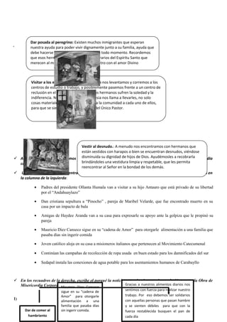 .
 A continuación, te presentamos siete titulares de periódicos que se relacionan con cada obra de misericordia
corporal.
 Ubícalas en los recuadros centrales del texto idea presentado que guarden vinculación con la obra escrita en
la columna de la izquierda:
• Padres del presidente Ollanta Humala van a visitar a su hijo Antauro que está privado de su libertad
por el “Andahuaylazo”
• Dan cristiana sepultura a “Pinocho” , pareja de Maribel Velarde, que fue encontrado muerto en su
casa por un impacto de bala
• Amigas de Haydee Aranda van a su casa para expresarle su apoyo ante la golpiza que le propinó su
pareja
• Mauricio Diez Canseco sigue en su “cadena de Amor” para otorgarle alimentación a una familia que
pasaba días sin ingerir comida
• Joven católico aloja en su casa a misioneros italianos que pertenecen al Movimiento Catecumenal
• Continúan las campañas de recolección de ropa usada en buen estado para los damnificados del sur
• Sedapal instala las conexiones de agua potable para los asentamientos humanos de Carabayllo
 En los recuadros de la derecha, escribe el porqué la noticia que seleccionaste tiene relación con cada Obra de
Misericordia Corporal, siguiendo el ejemplo
I)
Dar posada al peregrino: Existen muchos inmigrantes que esperan
nuestra ayuda para poder vivir dignamente junto a su familia, ayuda que
debe hacerse presente en toda forma y a todo momento. Recordemos
que esos hermanos desposeídos son Sagrarios del Espíritu Santo que
merecen al menos una Tienda de Encuentro con el amor Divino
Vestir al desnudo.: A menudo nos encontramos con hermanos que
están vestidos con harapos o bien se encuentran desnudos, viéndose
disminuida su dignidad de hijos de Dios. Ayudémosles a recobrarla
brindándoles una vestidura limpia y respetable, que les permita
reencontrar al Señor en la bondad de los demás.
Visitar a los encarcelados.: Cada mañana nos levantamos y corremos a los
centros de estudio o trabajo, y posiblemente pasemos frente a un centro de
reclusión en el que muchos de nuestros hermanos sufren la soledad y la
indiferencia. Nuestra Santa Madre Iglesia nos llama a llevarles, no solo
cosas materiales, sino el cariño de toda la comunidad a cada uno de ellos,
para que se sientan parte del rebaño del Único Pastor.
Dar de comer al
hambriento
Mauricio Diez Canseco
sigue en su “cadena de
Amor” para otorgarle
alimentación a una
familia que pasaba días
sin ingerir comida.
Gracias a nuestros alimentos diarios nos
sentimos con fuerza para realizar nuestro
trabajo. Por eso debemos ser solidarios
con aquellas personas que pasan hambre
y se sienten débiles para que con la
fuerza restablecida busquen el pan de
cada día
 
