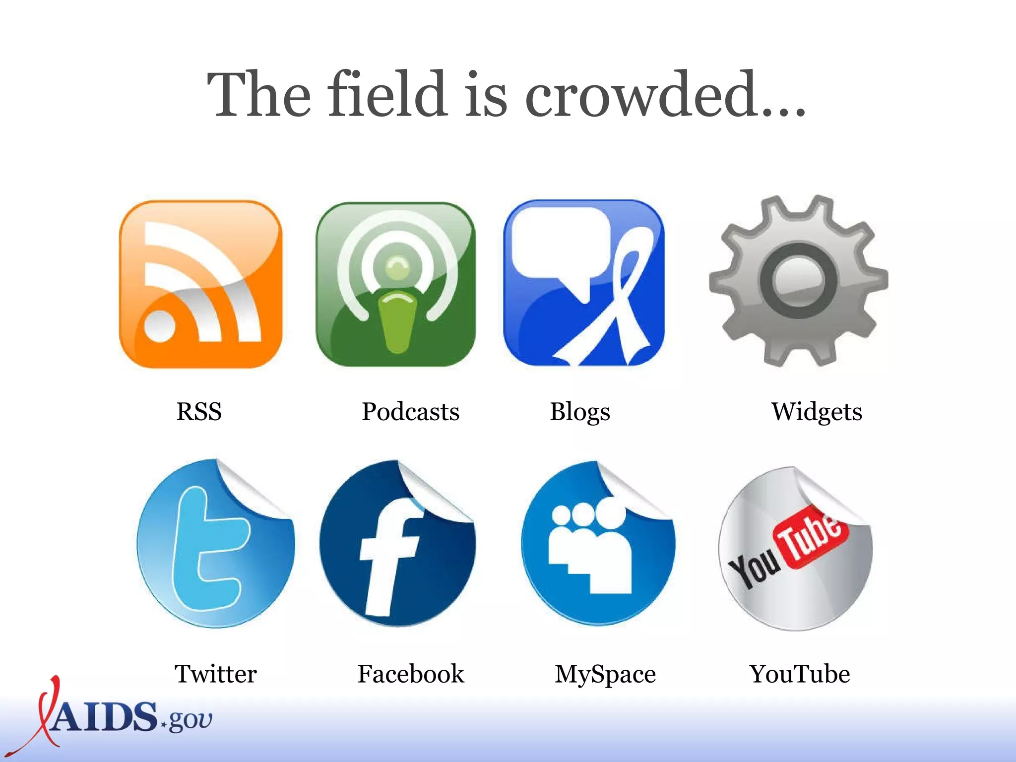 The field is crowded… RSS Podcasts Blogs Twitter Facebook MySpace YouTube Widgets 