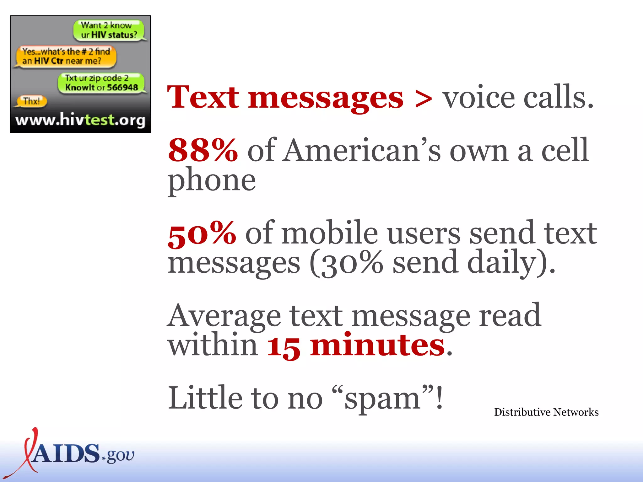 Text messages >  voice calls. 88%  of American’s own a cell phone 50%  of mobile users send text messages (30% send daily). Average text message read  within  15 minutes . Little to no “spam”! Distributive Networks 
