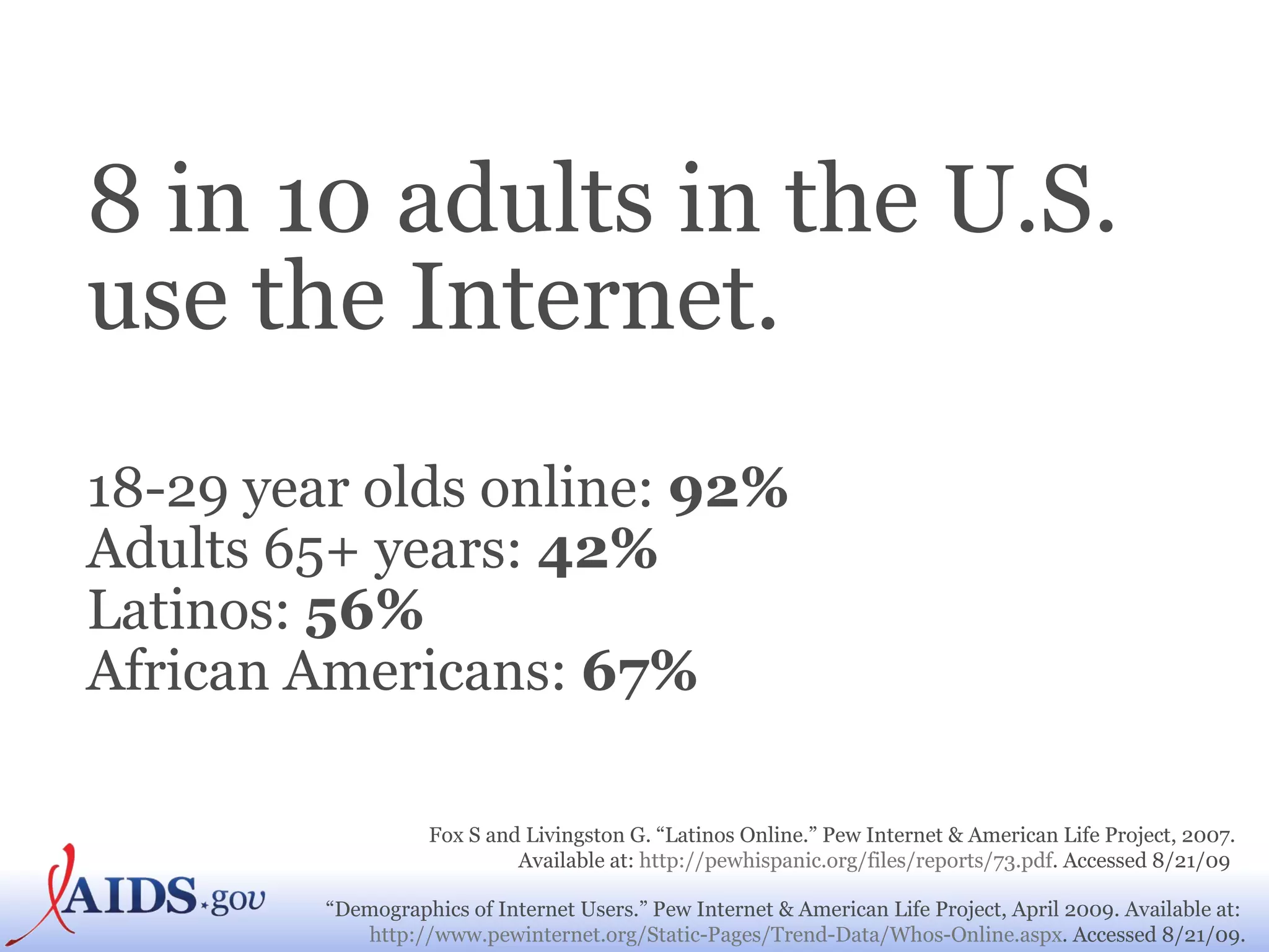 8 in 10 adults in the U.S. use the Internet.  18-29 year olds online:  92% Adults 65+ years:  42% Latinos:  56% African Americans:  67% Fox S and Livingston G. “Latinos Online.” Pew Internet & American Life Project, 2007. Available at:  http://pewhispanic.org/files/reports/73.pdf . Accessed 8/21/09  “ Demographics of Internet Users.” Pew Internet & American Life Project,   April 2009. Available at:  http://www.pewinternet.org/Static-Pages/Trend-Data/Whos-Online.aspx . Accessed 8/21/09. 