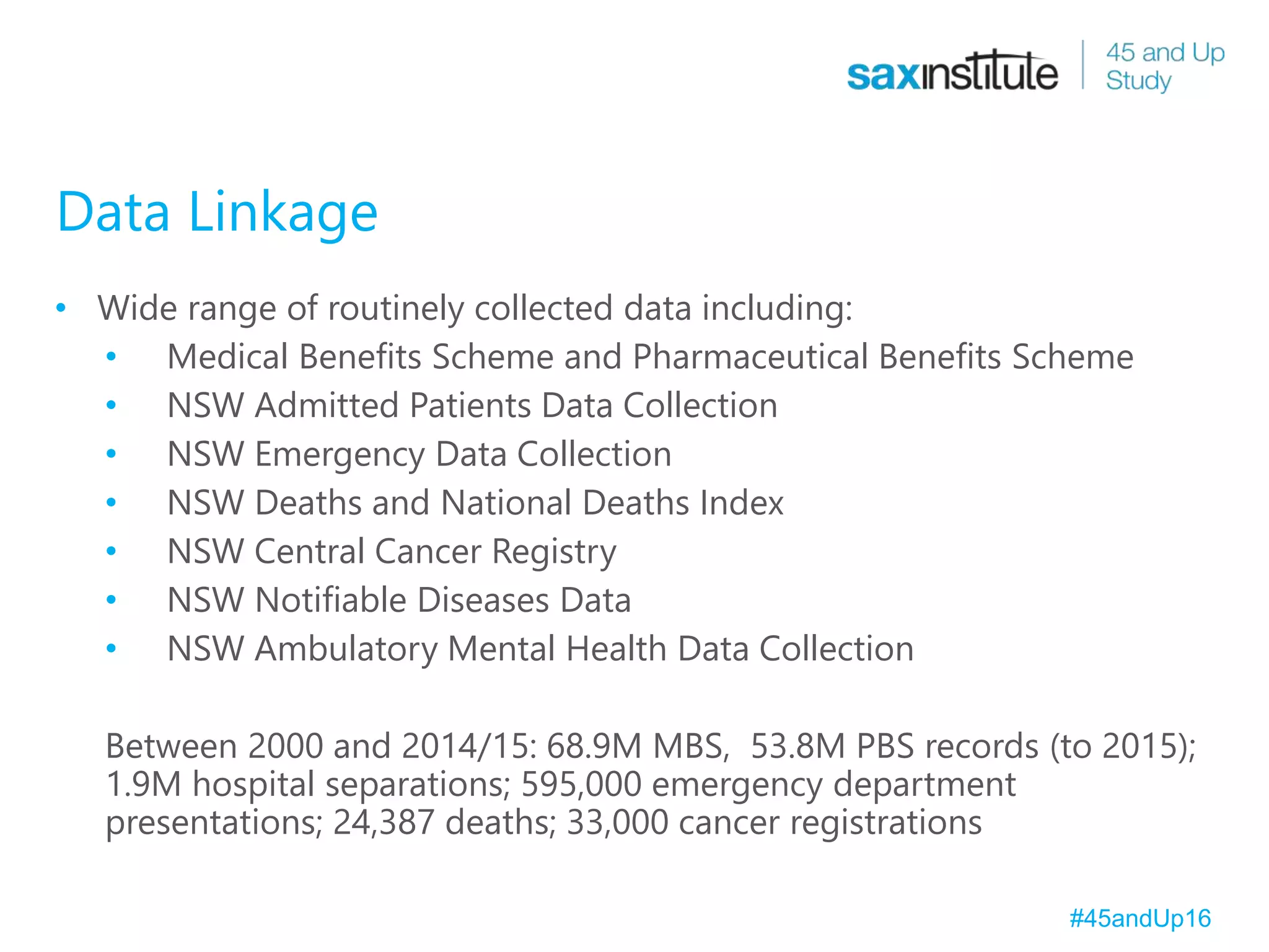 Data Linkage
• Wide range of routinely collected data including:
• Medical Benefits Scheme and Pharmaceutical Benefits Scheme
• NSW Admitted Patients Data Collection
• NSW Emergency Data Collection
• NSW Deaths and National Deaths Index
• NSW Central Cancer Registry
• NSW Notifiable Diseases Data
• NSW Ambulatory Mental Health Data Collection
Between 2000 and 2014/15: 68.9M MBS, 53.8M PBS records (to 2015);
1.9M hospital separations; 595,000 emergency department
presentations; 24,387 deaths; 33,000 cancer registrations
#45andUp16
 