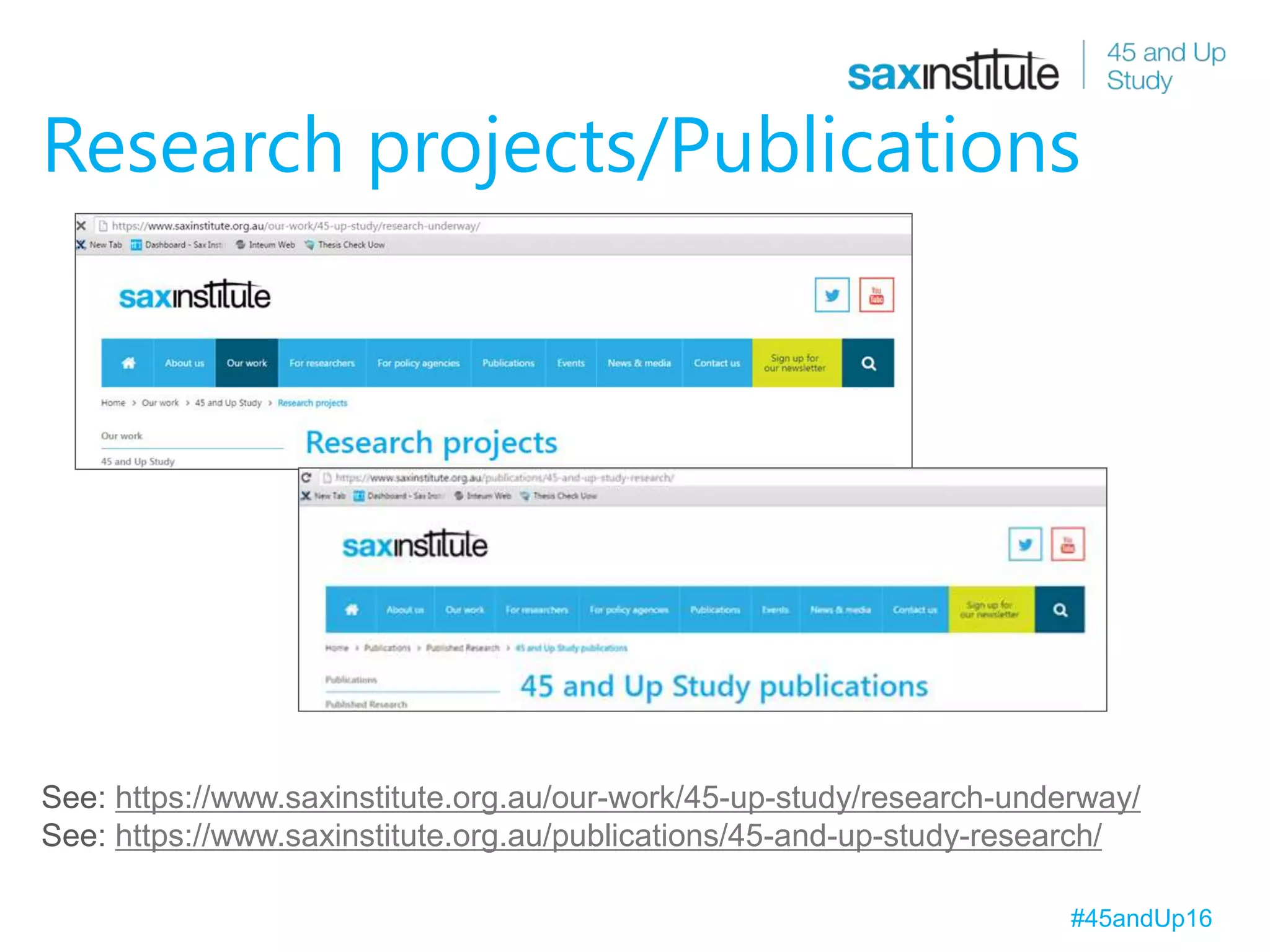 Research projects/Publications
See: https://www.saxinstitute.org.au/our-work/45-up-study/research-underway/
See: https://www.saxinstitute.org.au/publications/45-and-up-study-research/
#45andUp16
 