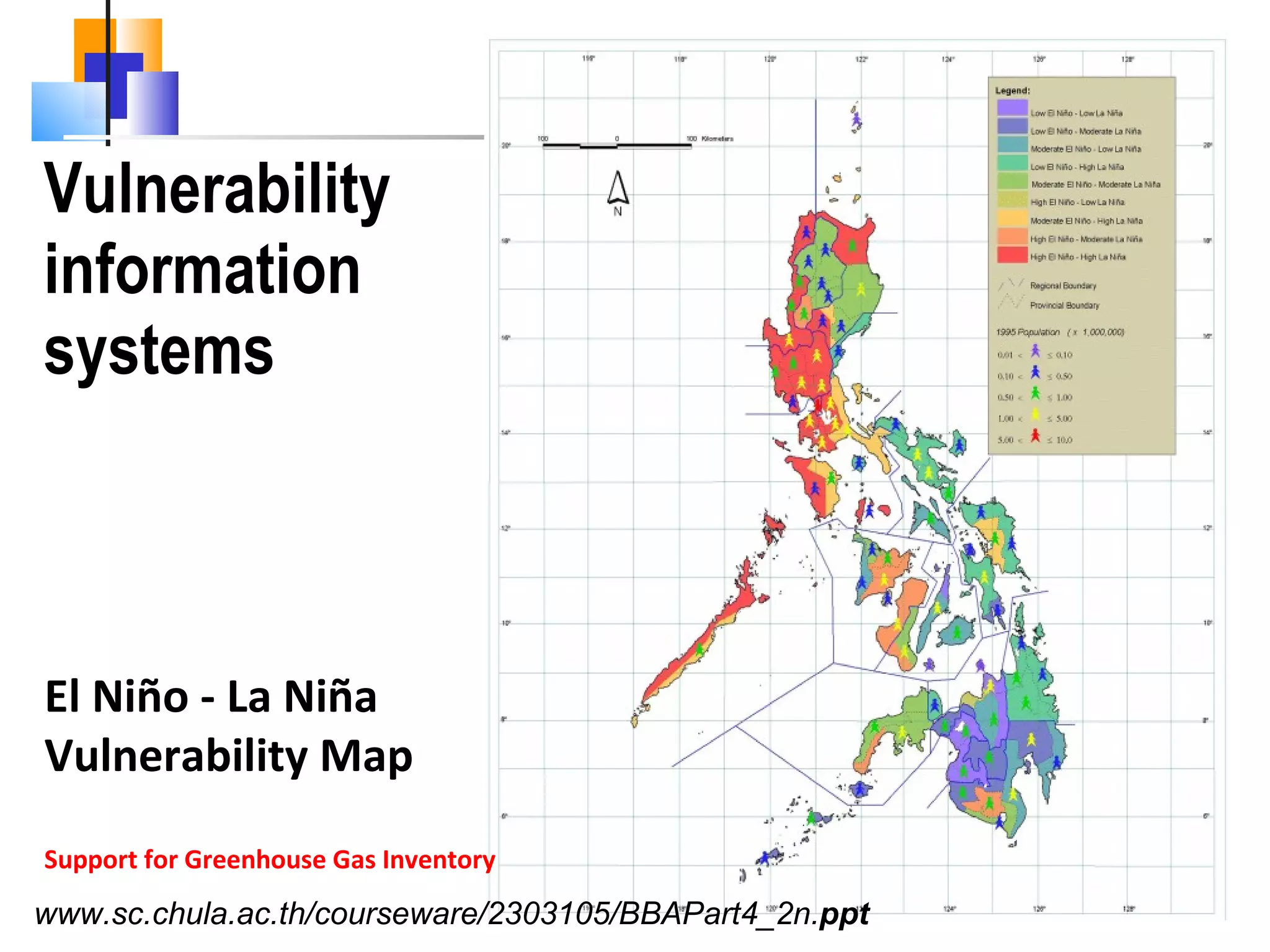 Vulnerability information systems El Ni ñ o - La Ni ñ a Vulnerability Map Support for Greenhouse Gas Inventory www.sc.chula.ac.th/courseware/2303105/BBAPart4_2n. ppt 