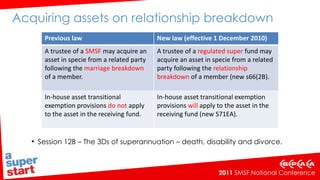 Acquiring assets on relationship breakdown Session 12B – The 3Ds of superannuation – death, disability and divorce. 3. Payment of benefits