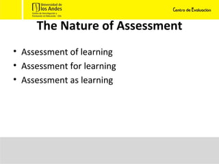 The Nature of Assessment Assessment of learning Assessment for learning Assessment as learning 