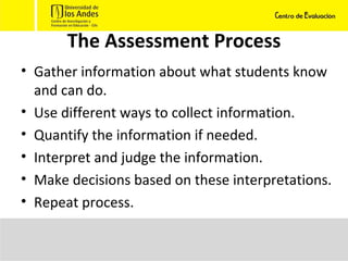 The Assessment Process Gather information about what students know and can do. Use different ways to collect information. Quantify the information if needed. Interpret and judge the information. Make decisions based on these interpretations. Repeat process. 