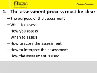 The assessment process must be clear The purpose of the assessment What to assess How you assess When to assess How to score the assessment How to interpret the assessment How the assessment is used 