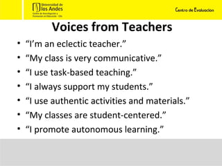 Voices from Teachers “ I’m an eclectic teacher.” “ My class is very communicative.” “ I use task-based teaching.” “ I always support my students.” “ I use authentic activities and materials.” “ My classes are student-centered.” “ I promote autonomous learning.” 