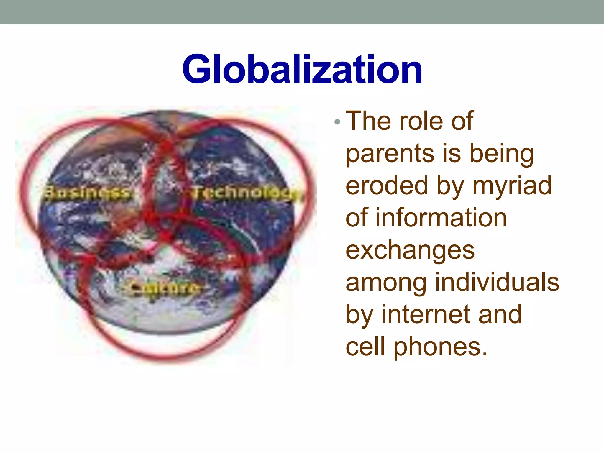 Globalization
        • The role of
         parents is being
         eroded by myriad
         of information
         exchanges
         among individuals
         by internet and
         cell phones.
 