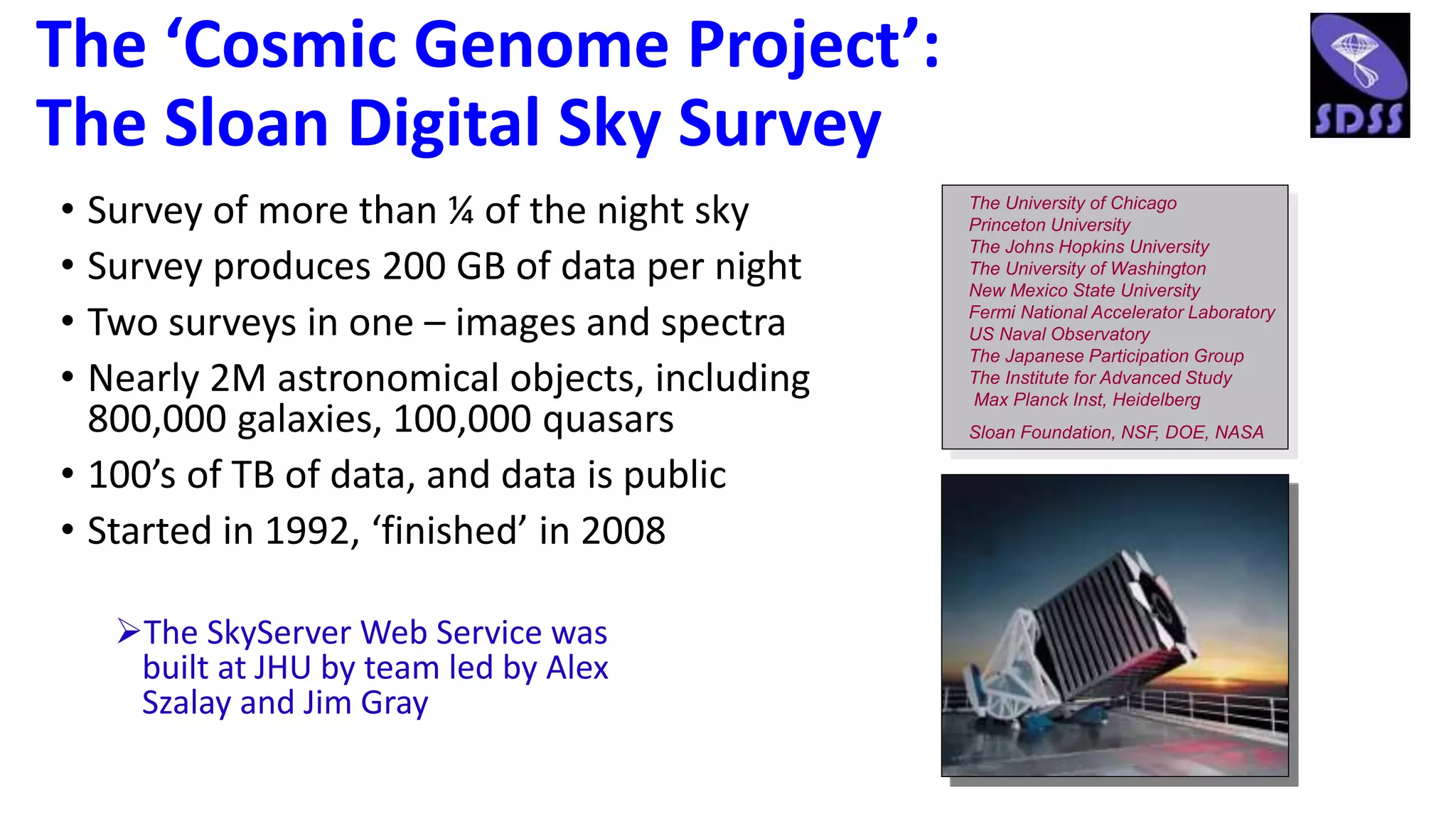 The ‘Cosmic Genome Project’:
The Sloan Digital Sky Survey
• Survey of more than ¼ of the night sky
• Survey produces 200 GB of data per night
• Two surveys in one – images and spectra
• Nearly 2M astronomical objects, including
800,000 galaxies, 100,000 quasars
• 100’s of TB of data, and data is public
• Started in 1992, ‘finished’ in 2008
The SkyServer Web Service was
built at JHU by team led by Alex
Szalay and Jim Gray
The University of Chicago
Princeton University
The Johns Hopkins University
The University of Washington
New Mexico State University
Fermi National Accelerator Laboratory
US Naval Observatory
The Japanese Participation Group
The Institute for Advanced Study
Max Planck Inst, Heidelberg
Sloan Foundation, NSF, DOE, NASA
 