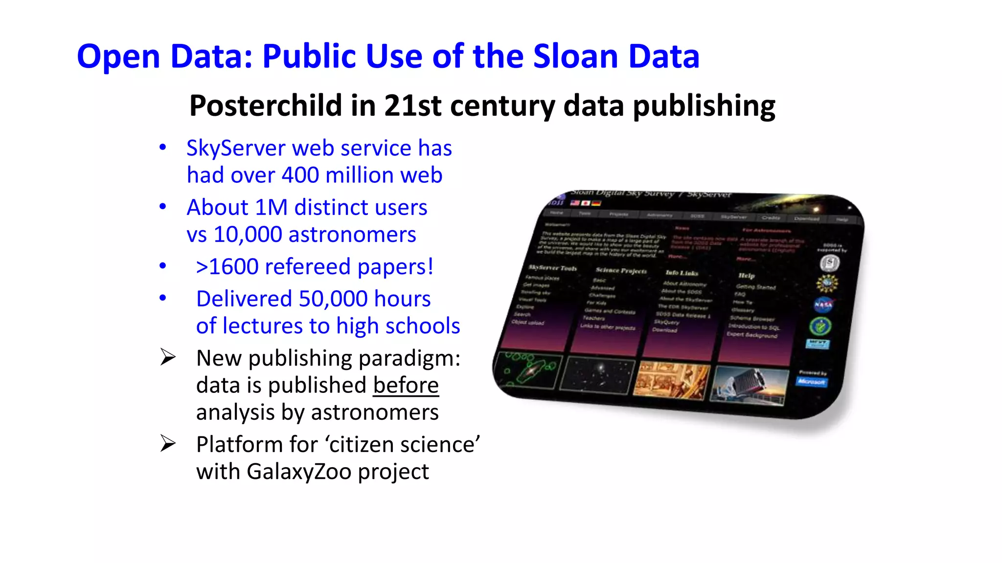 Open Data: Public Use of the Sloan Data
• SkyServer web service has
had over 400 million web
• About 1M distinct users
vs 10,000 astronomers
• >1600 refereed papers!
• Delivered 50,000 hours
of lectures to high schools
 New publishing paradigm:
data is published before
analysis by astronomers
 Platform for ‘citizen science’
with GalaxyZoo project
Posterchild in 21st century data publishing
 