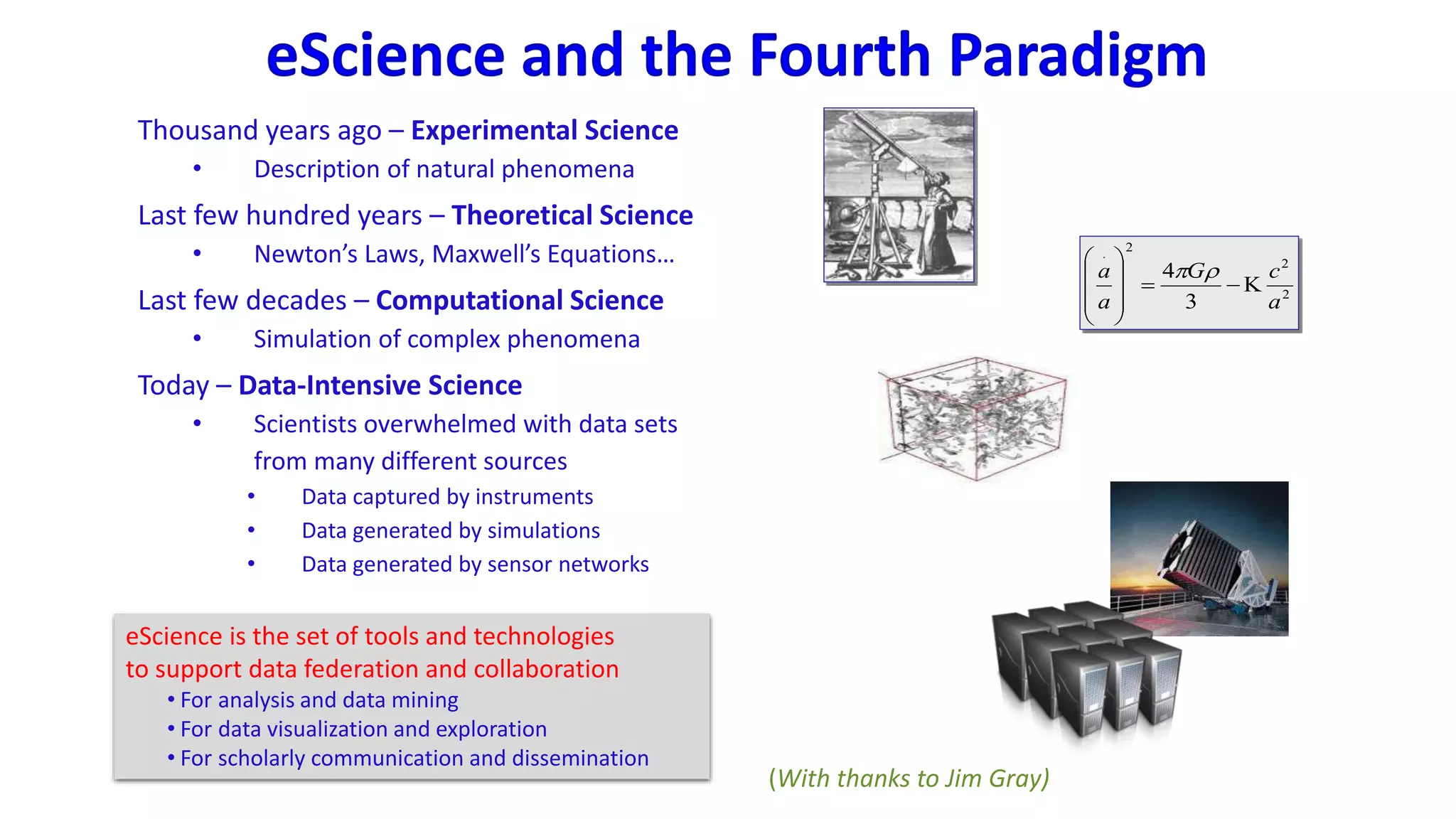 Thousand years ago – Experimental Science
• Description of natural phenomena
Last few hundred years – Theoretical Science
• Newton’s Laws, Maxwell’s Equations…
Last few decades – Computational Science
• Simulation of complex phenomena
Today – Data-Intensive Science
• Scientists overwhelmed with data sets
from many different sources
• Data captured by instruments
• Data generated by simulations
• Data generated by sensor networks
eScience and the Fourth Paradigm
2
2
2.
3
4
a
cG
a
a










eScience is the set of tools and technologies
to support data federation and collaboration
• For analysis and data mining
• For data visualization and exploration
• For scholarly communication and dissemination
(With thanks to Jim Gray)
 