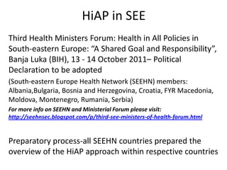 Diseasepreventionprogrames, with HP componentsNationaldiseasepreventionprogrames in SloveniaDiabetesCancer, includingcancerscreeningCardiovasculardiseasesHolisticapproach to thepatient at theprimaryhealthlevelChronicdiseasesstrategyforSloveniaJointactionforcancer at EU level – outcomeofSlovenepresidency 2008Healthcaresystem