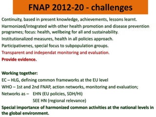 CAP SchoolfruitschemeWHO- 2nd FNAP andactionnetworks (marketing: ban on vendingmachines, May 2010)- SlovenehealthyschoolsnetworkNutritionfriendlyschoolinitiative (as a pilot) ALCOHOL AndTOBACOMENTAL HEALTHPHYSICAL ACTIVITYNUTRITION(SuportingCAP SFS)