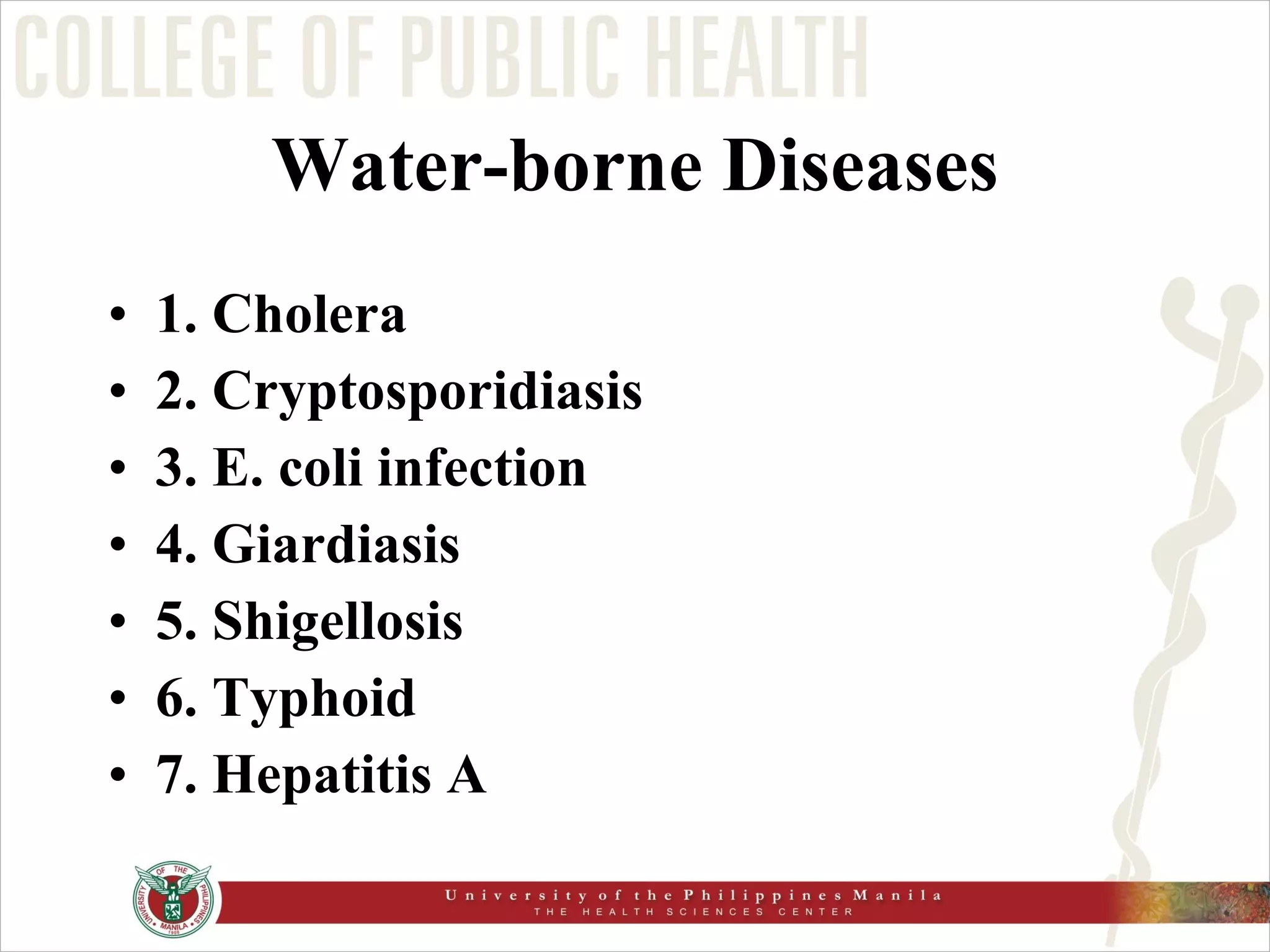Water-borne Diseases 1. Cholera 2. Cryptosporidiasis 3. E. coli infection 4. Giardiasis 5. Shigellosis 6. Typhoid 7. Hepatitis A 
