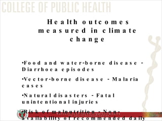 Health outcomes measured in climate change Food and water-borne disease -  Diarrhoea episodes  Vector-borne disease - Malaria cases  Natural disasters - Fatal unintentional injuries  Risk of malnutrition - Non-availability of recommended daily calorie intake *All natural disaster impacts are separately attributed to coastal floods and to inland floods/ 