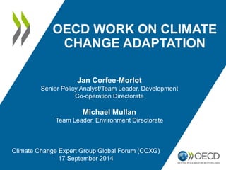 OECD WORK ON CLIMATE CHANGE ADAPTATION 
Climate Change Expert Group Global Forum (CCXG) 
17 September 2014 
Jan Corfee-Morlot Senior Policy Analyst/Team Leader, Development Co-operation Directorate Michael Mullan Team Leader, Environment Directorate  