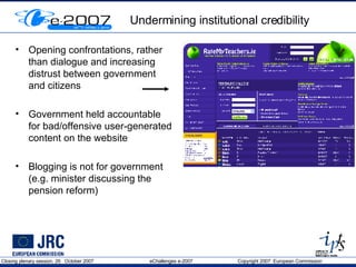 Undermining institutional credibility Opening confrontations, rather than dialogue and increasing distrust between government and citizens  Government held accountable for bad/offensive user-generated content on the website Blogging is not for government (e.g. minister discussing the pension reform) 